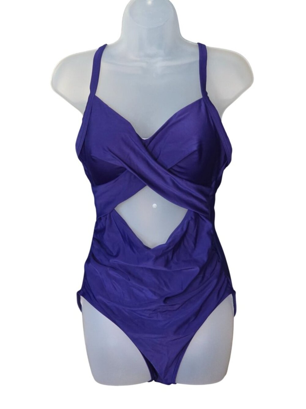 Purple Cross Front One Piece Swimsuit M Cutout Adjustable Straps Lined - Picture 1 of 8